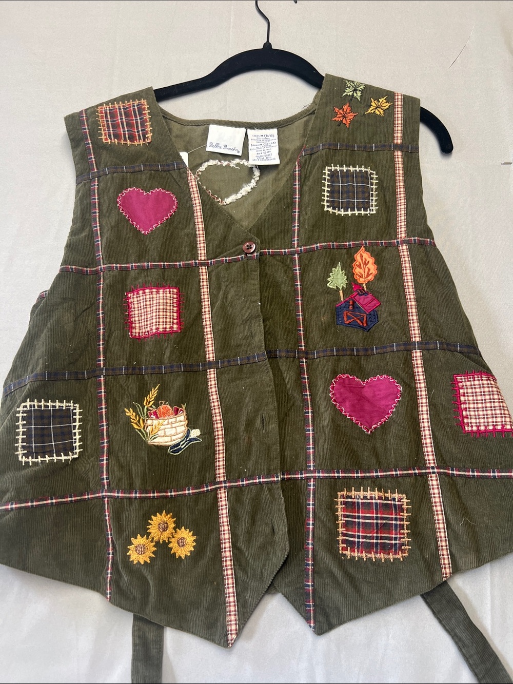 Bobbie Brooks Olive Green Patchwork Embroidered Corduroy Vest with Pink Accents - Picture 1 of 5